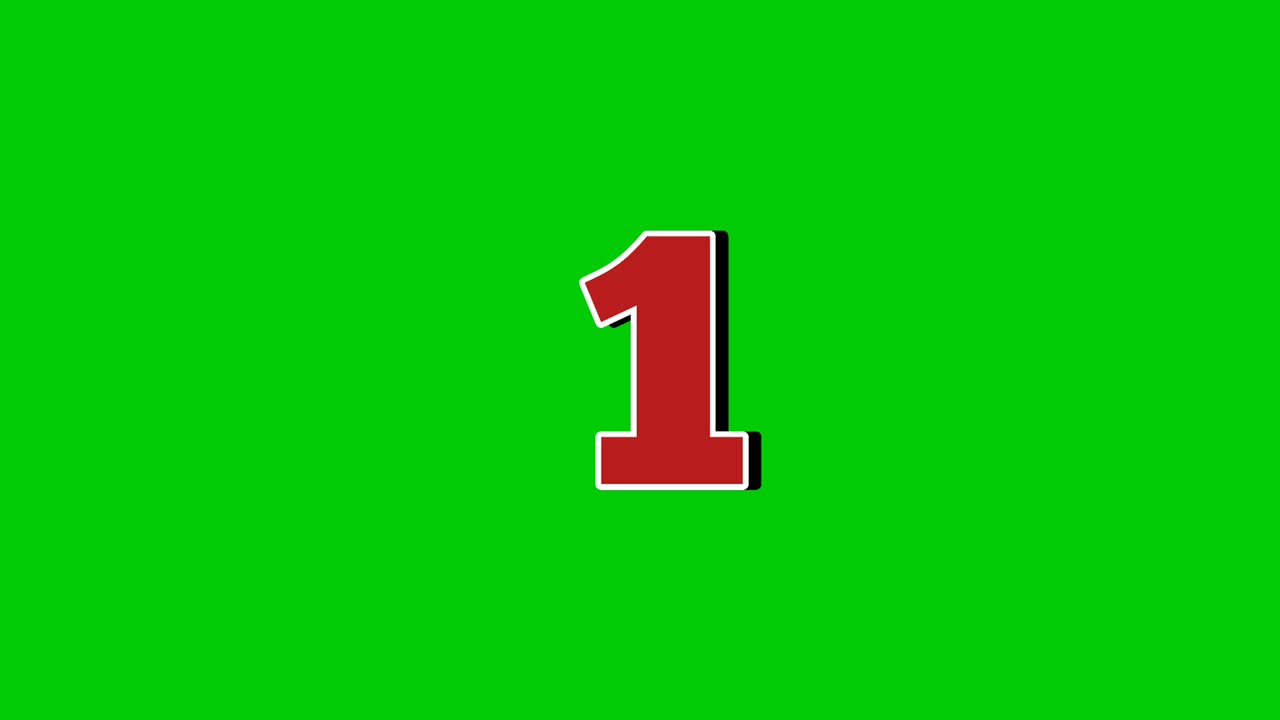 Animazione grafica in movimento del simbolo numero 1 su sfondo a schermo verde. Rivelazione del numero rosso con elementi video di fumo