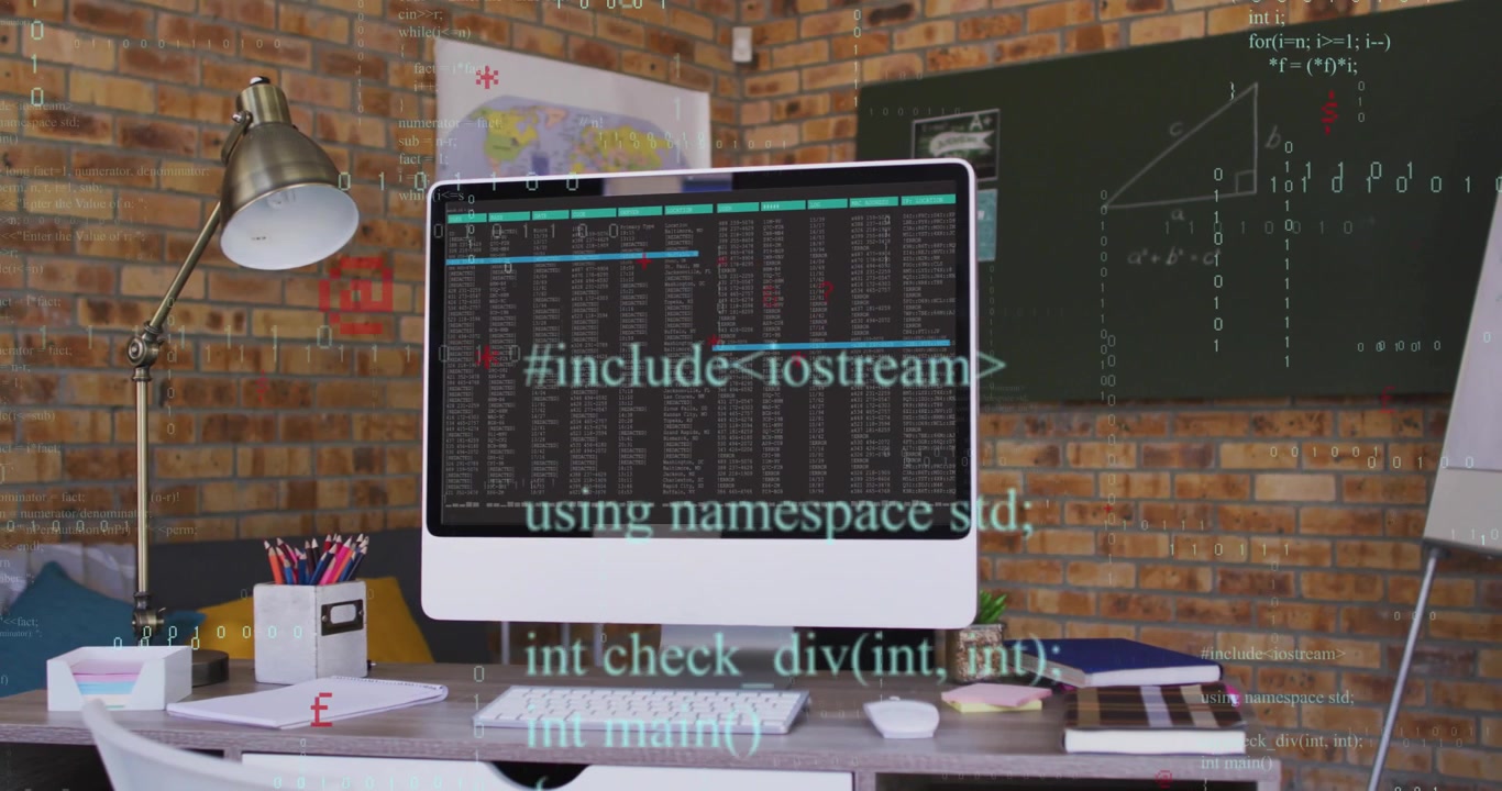 Red glitch squares flashing chalkboard initiating code droplets cascading on desk showing data flow