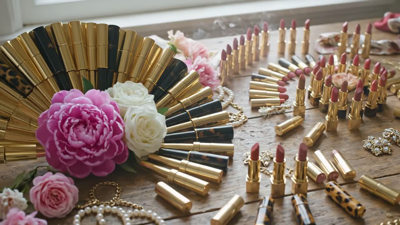 Luxury Lipstick Collection with Flowers and Jewelry on Wooden Table