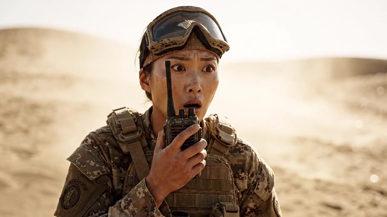 Soldato determinato attraversa un aspro ambiente desertico con equipaggiamento tattico, radio in mano, preparato all'azione e di fronte a sfide impreviste.