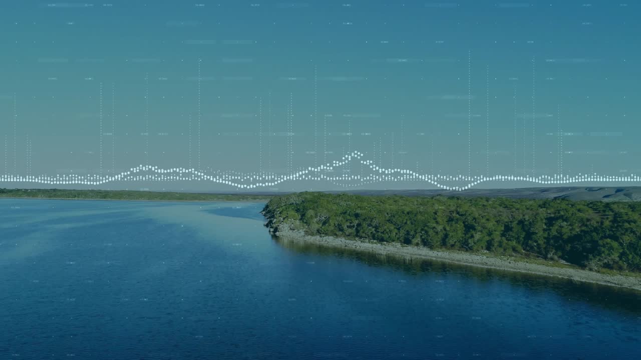 White dotted waveform responding to sensor data, rising and peaking over spit while camera panning