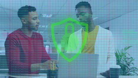 animation of biometric fingerprint, padlock, data processing over diverse business people in office