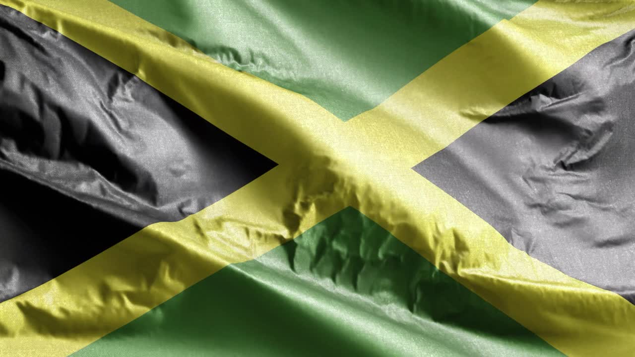 Jamaica textile flag waving on the wind loop. Jamaican banner swaying on the breeze. Fabric textile tissue. Full filling background. 10 seconds loop.