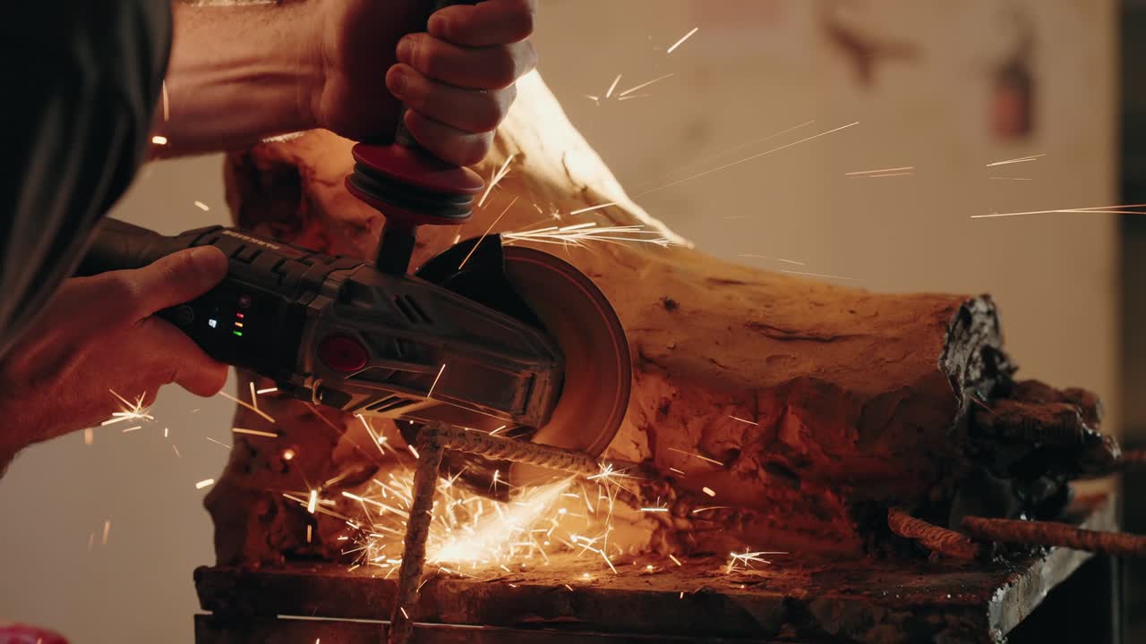 Angle grinder sparks fly while shaping iron inside clay sculpture
