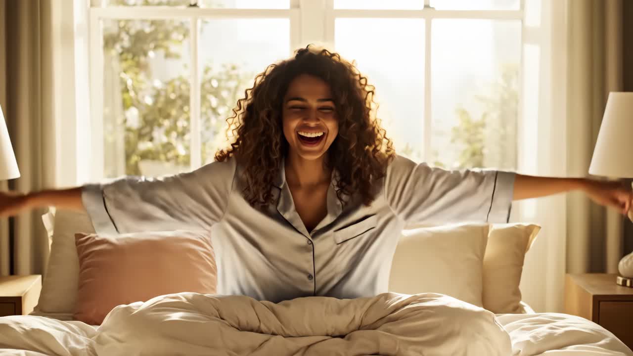 Woman in Pajamas Waking Up in Bed