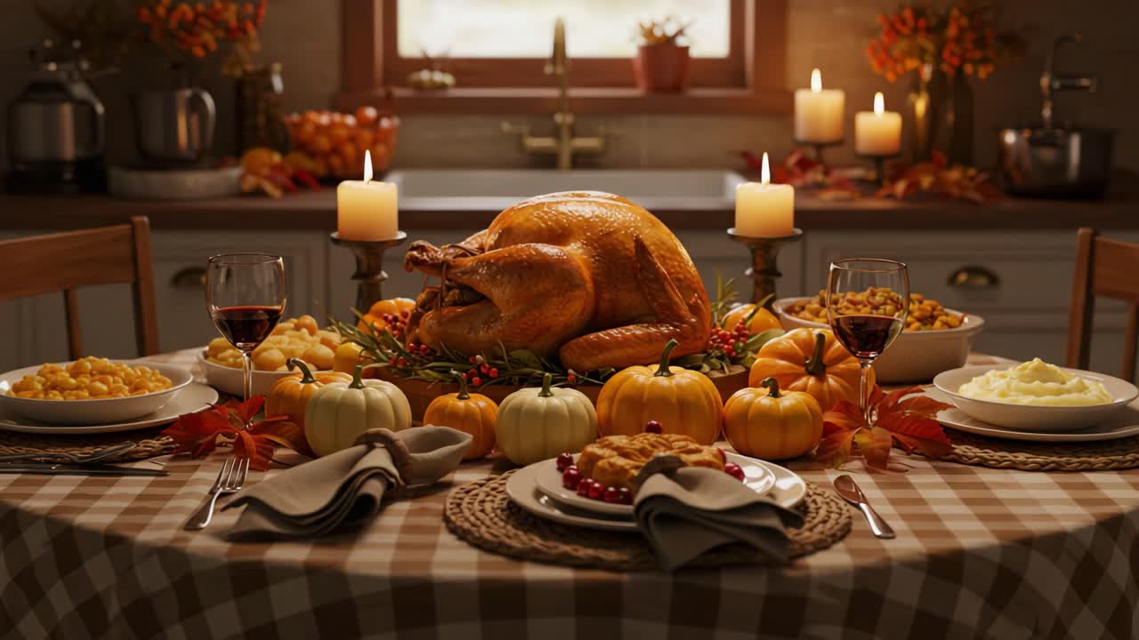 A festive Thanksgiving dinner table with a roasted turkey and autumn decorations