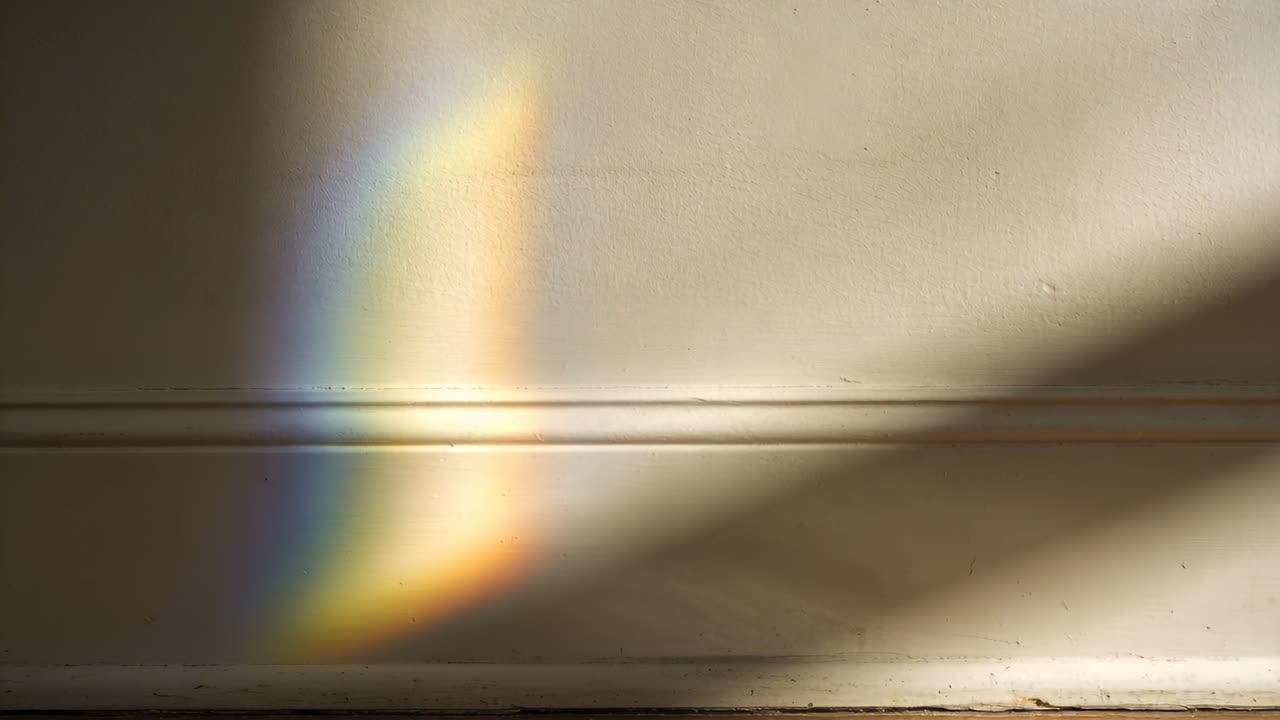 Vertical video: Sun entering casting prism patch sliding down wall in room near base, slant shadow