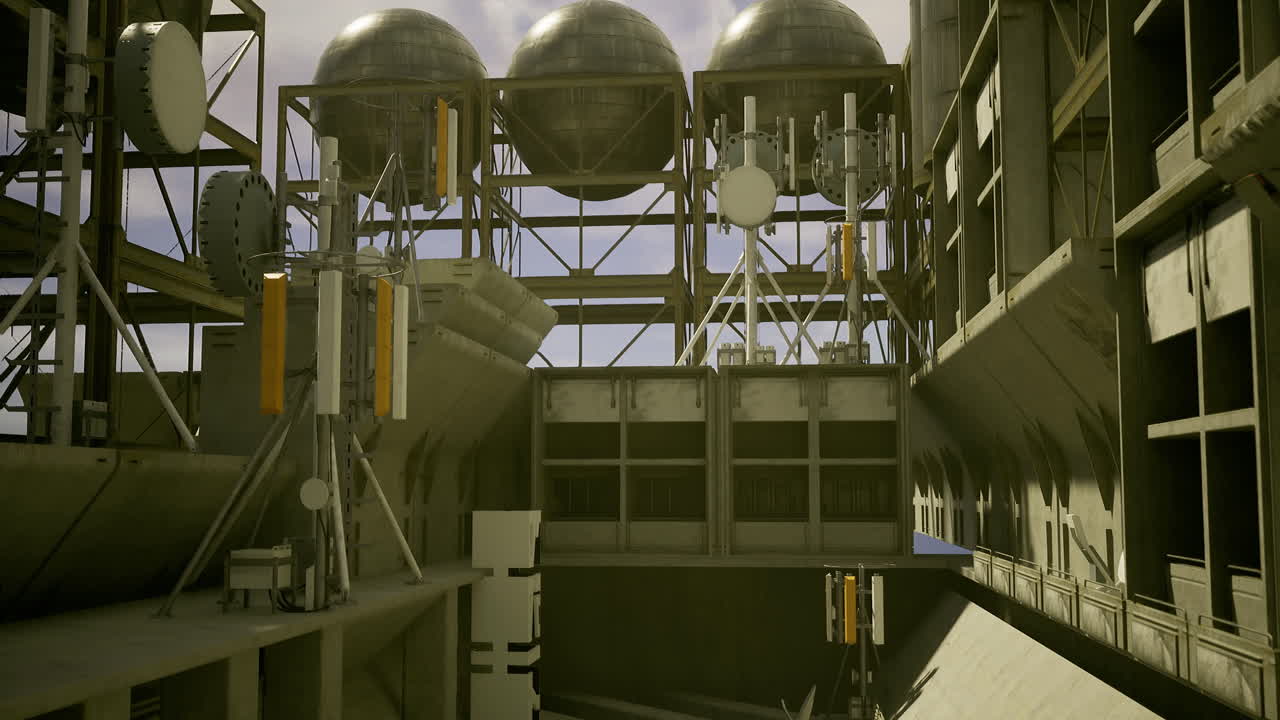 Futuristic industrial setting with communication equipment and storage units