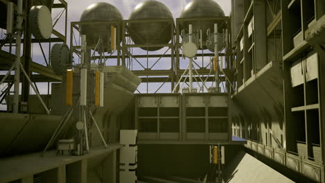 futuristic industrial setting with communication equipment and storage units