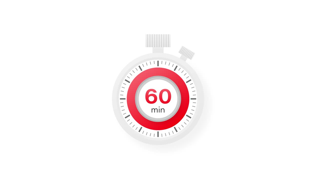 The 60 minutes timer. Stopwatch icon in flat style. Motion graphics.
