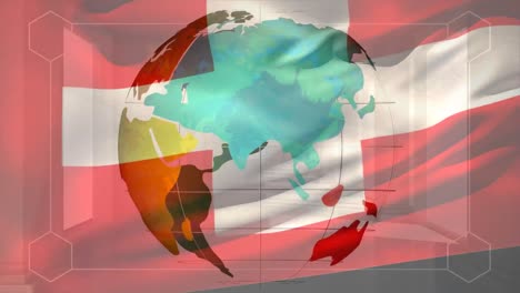 ondeando la bandera suiza contra el globo giratorio y la interfaz digital con el procesamiento de datos
