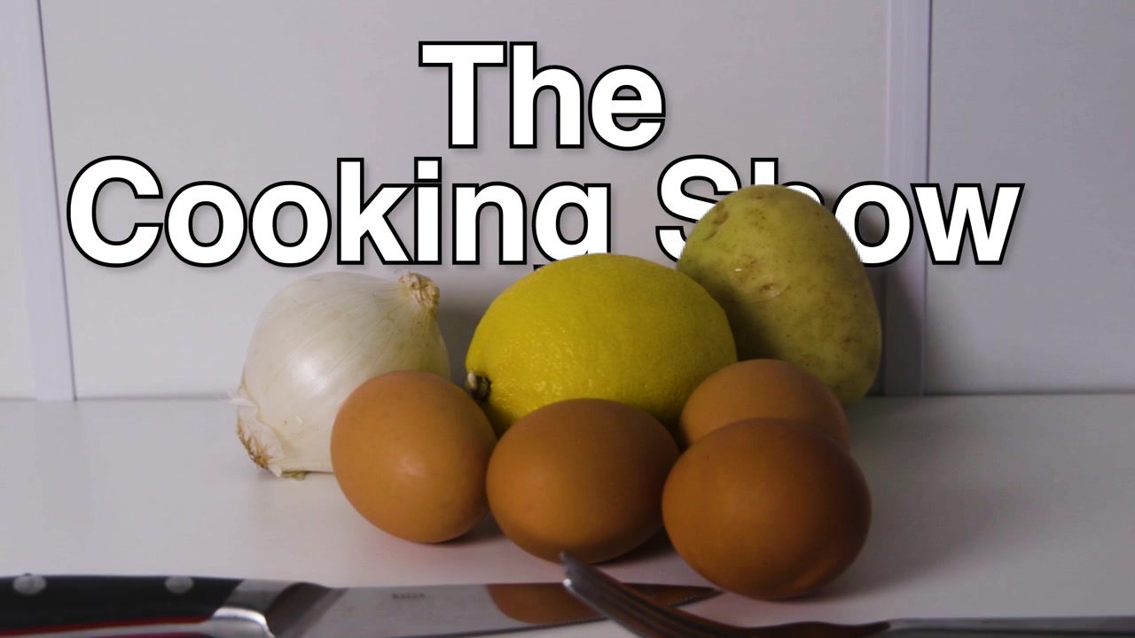 The Cooking Show text sits over eggs, lemon, potato and onion on a white counter, ready for a home-style program intro.