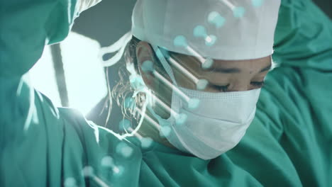 animation of dna strand over asian female surgeon in hospital