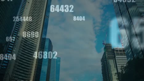 Animation-of-multiple-changing-numbers-against-low-angle-view-of-tall-buildings