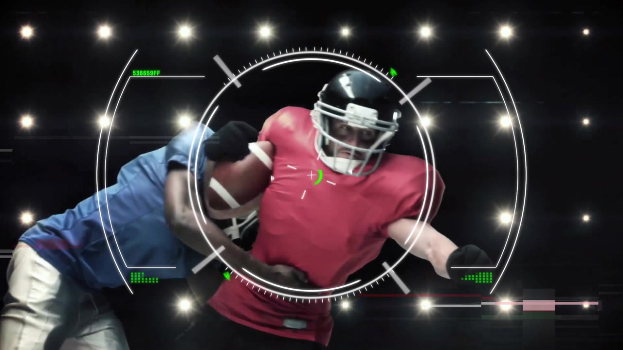 Football player powering ahead stiff arming defender as digital reticle locking on him under lights