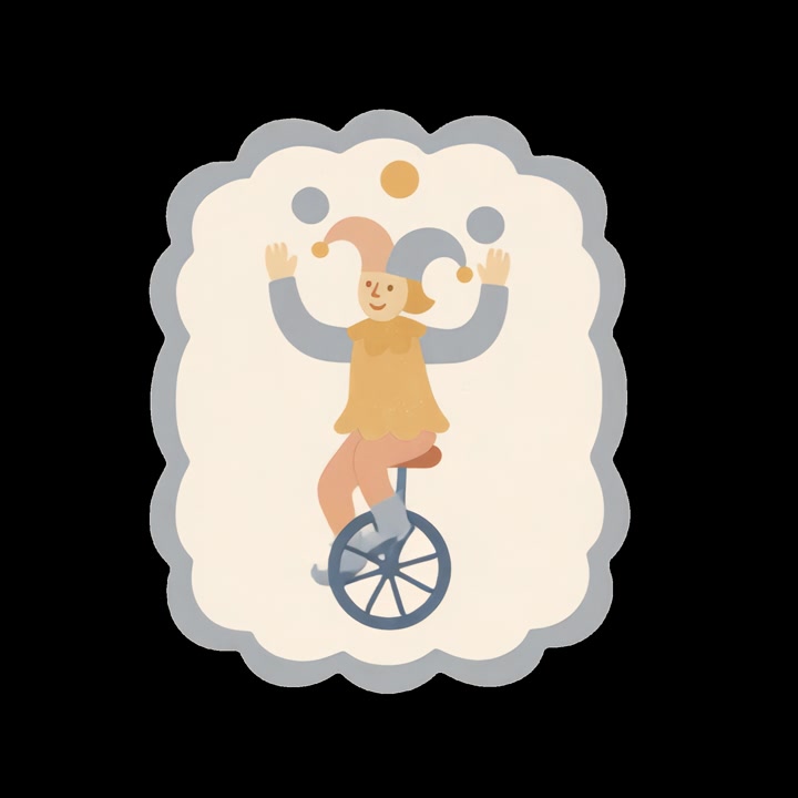 Animerad gycklare som jonglerar med bollar medan han cyklar på en enhjuling