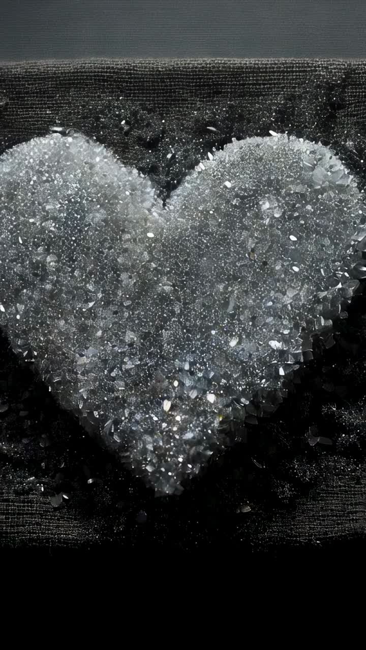 Video verticale: la camera inizia a muoversi verso cristalli a forma di cuore su un panno scuro che mostra macchie dorate