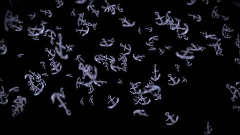 flying many anchors on black background. ship and boat anchor. marine icon. 3d loop animation of anchor rotating.