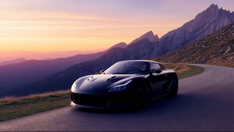 black sports car on a mountain road at sunset