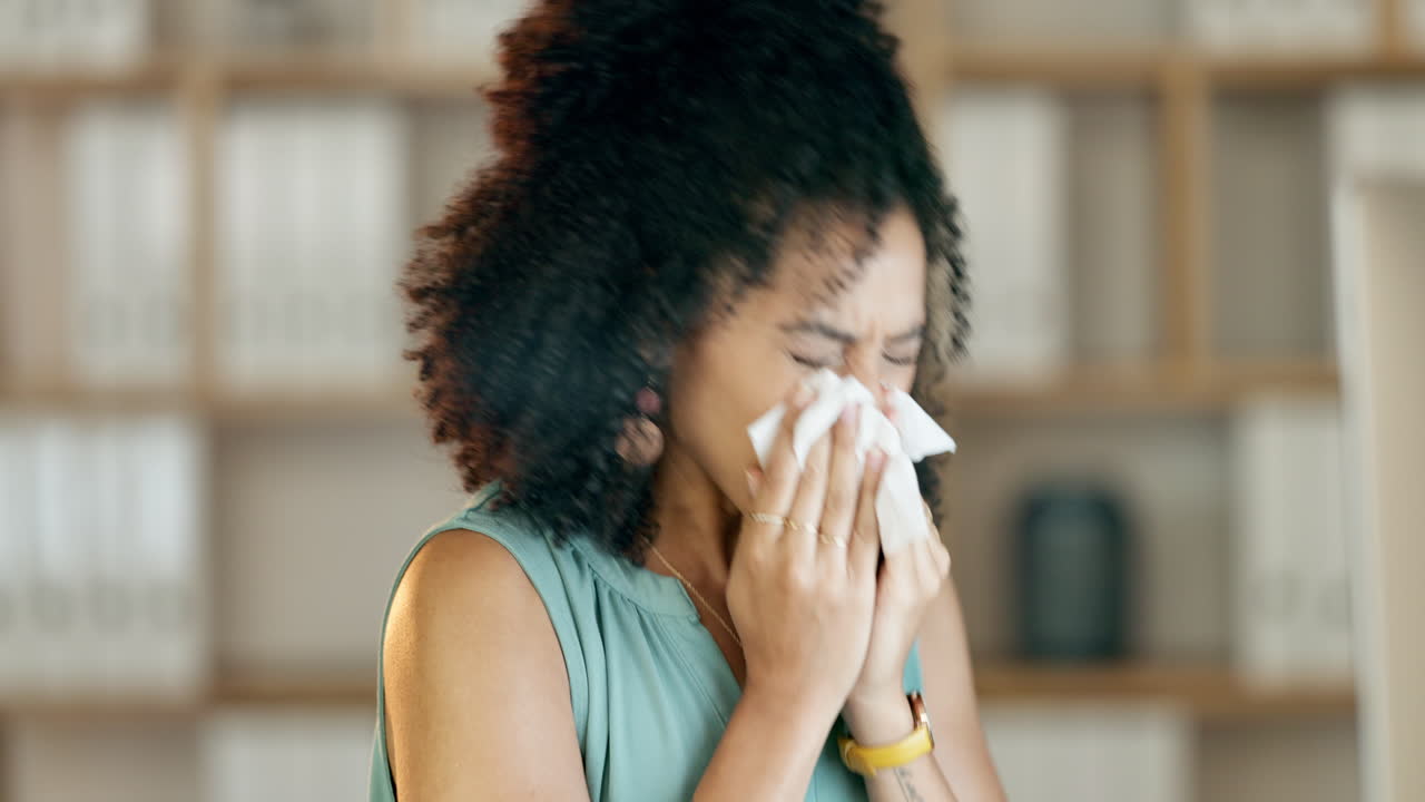 Business woman, tissue and nose at night