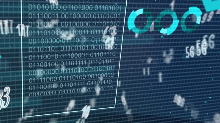 Animasjon av finansiell databehandling over statistikk og binær koding.