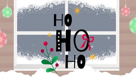 Animation-Von-Ho-Ho-Ho-Weihnachtstext-über-Winterlich-Verschneitem-Fenster