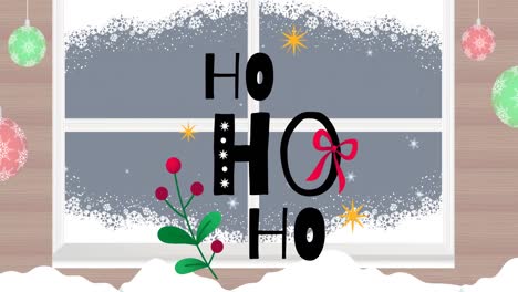 animación de ho ho ho texto de navidad sobre la ventana nevada del invierno