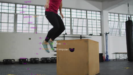 animation of data processing over caucasian woman jumping on chest at gym