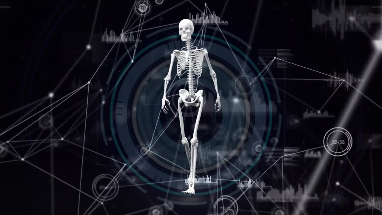 animación de un esqueleto caminando sobre una red de conexiones sobre un fondo negro