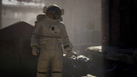 astronauta perdido cerca de edificios industriales abandonados de la vieja fábrica