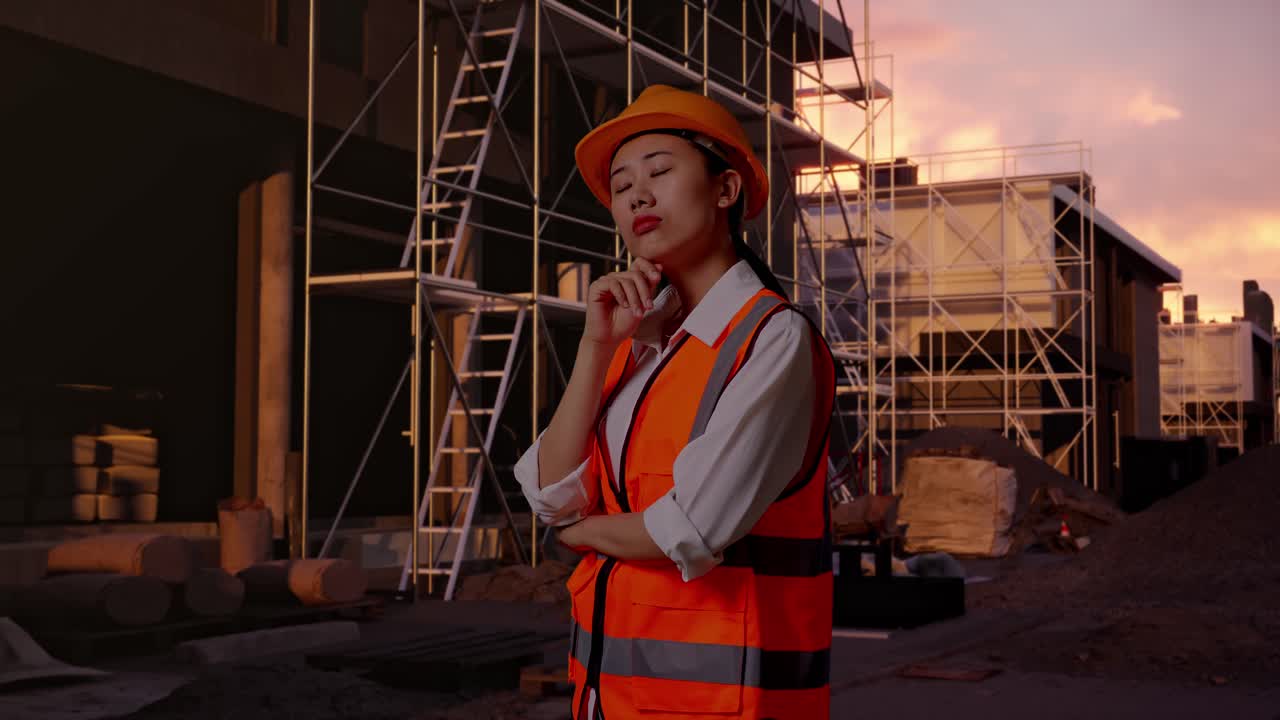 Asian Female Engineer With Safety Helmet Thinking About Something And Looking Around While Standing At Construction Site in Progress to New House