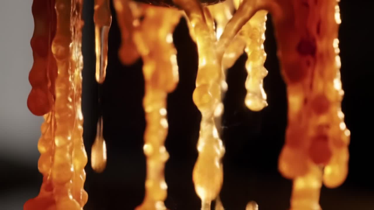 An Intriguing Close-Up of Golden Syrup Dripping Elegantly, Capturing the Sensory Appeal and Viscosity as It Cascades in Slow Motion