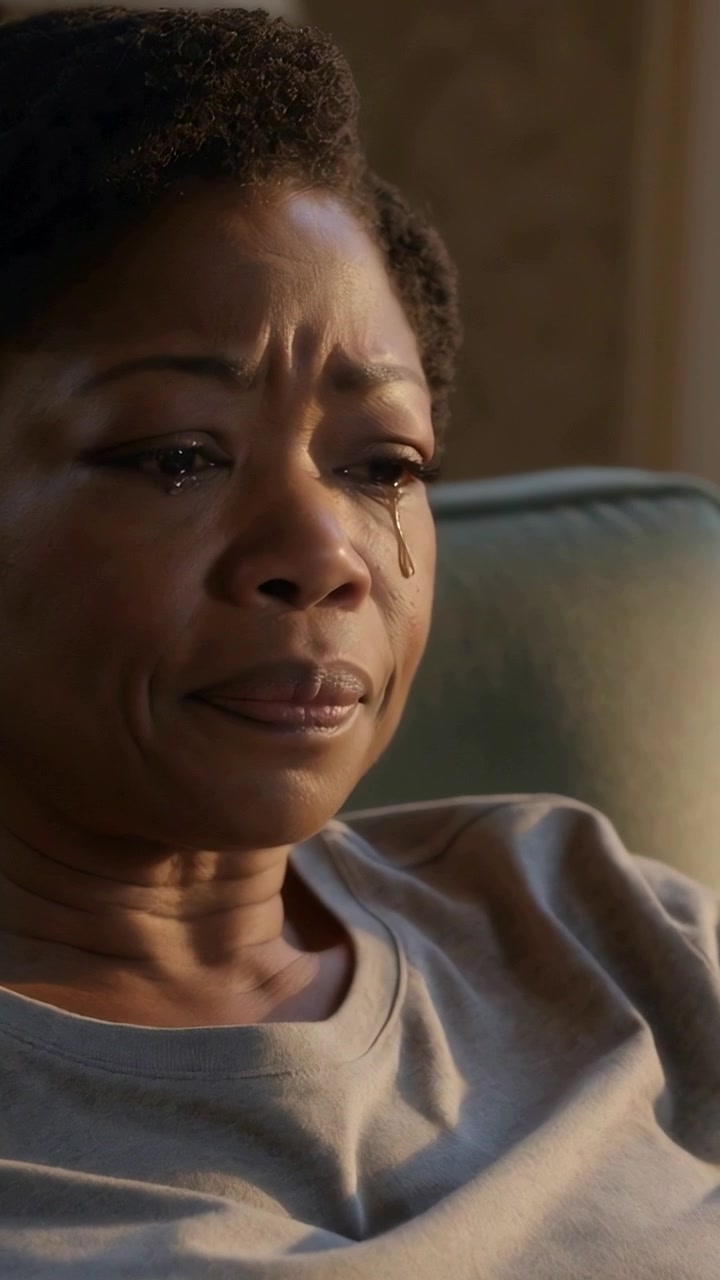 Vertical video: Holding back tears woman pressing lips in armchair at home, gray tee, copy space