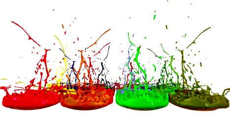 3d-splashes von flüssigkeit. farbe springt in 4k auf weißem hintergrund. simulation von spritzen von tinte auf einem musikalischen lautsprecher, der musik spielt. vielfarbige version 8
