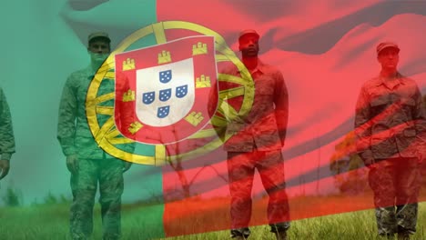 animation of flag of portugal over diverse male soldiers