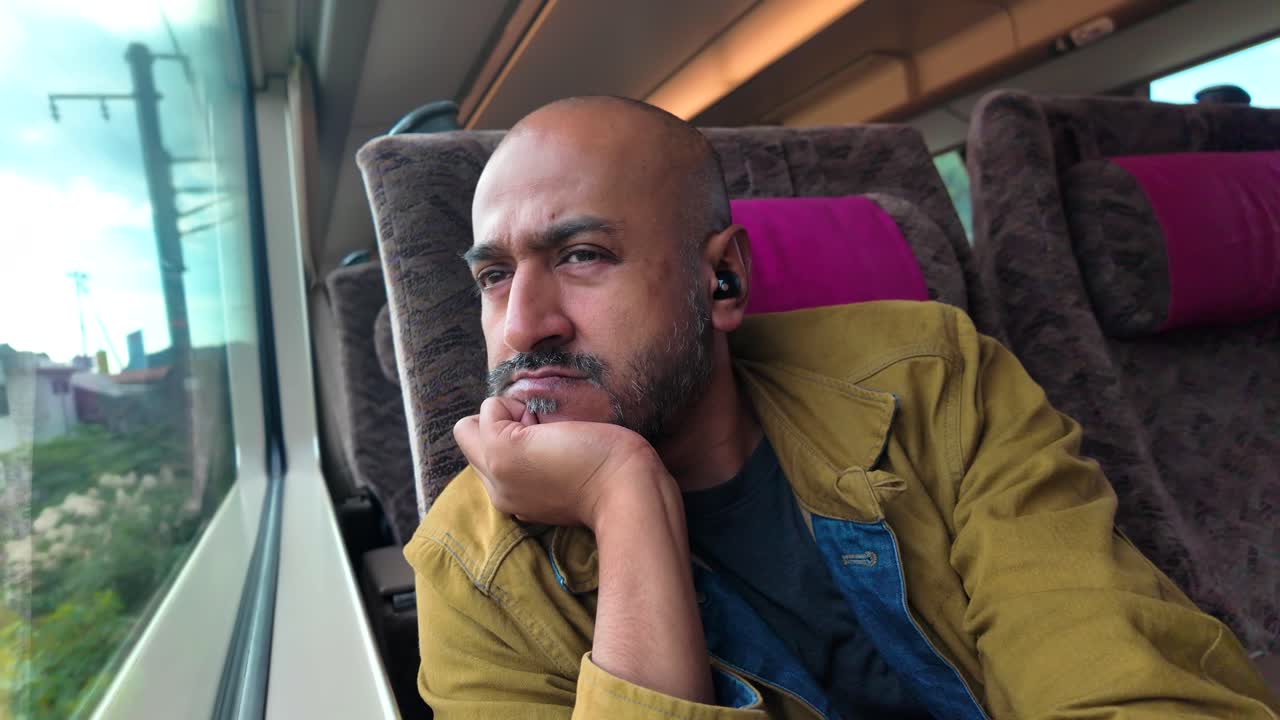 Thoughtful South Asian man listening to music on a train journey, gazing out the window with a pensive expression, capturing a moment of introspection