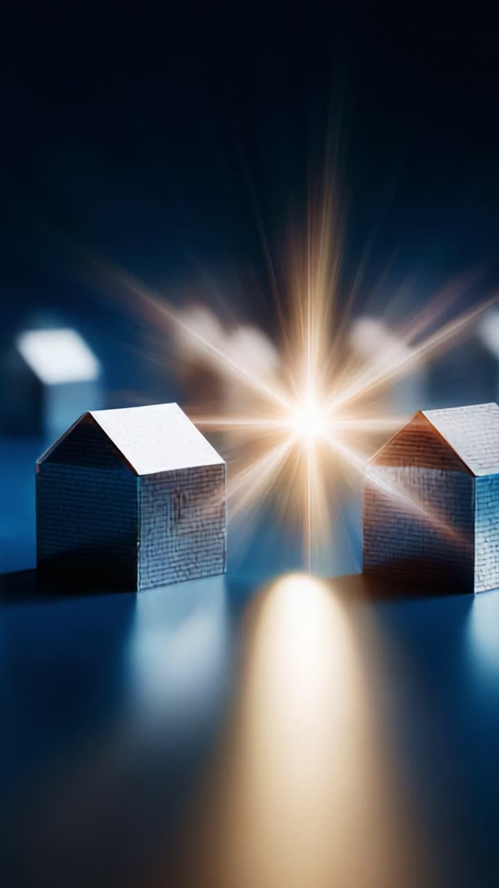 A Captivating Display of Miniature Houses Illuminated by a Dazzling Starburst, Creating a Dreamlike Atmosphere of Enchantment and Imagination in a Mystic Blue Setting