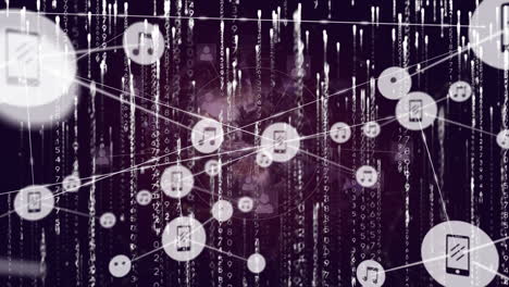 animation of network of connections with icons over data processing and globe on black background