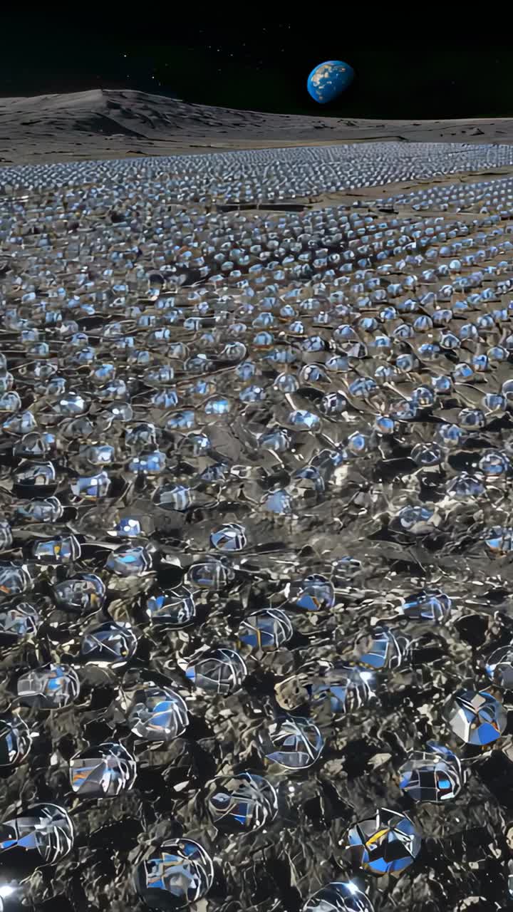 Vertical video: Panning camera revealing rows of reflective domes on cratered regolith, blue planet