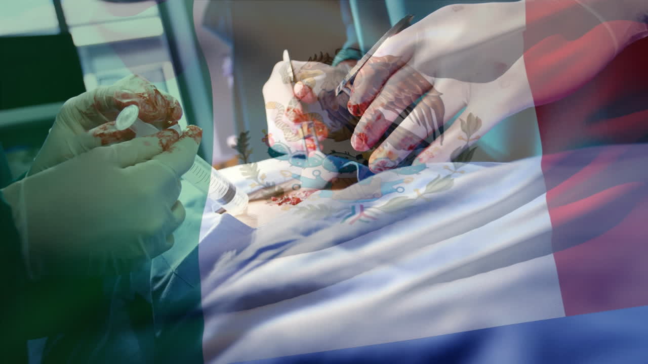 animación de la bandera de méxico ondeando sobre los cirujanos en el quirófano