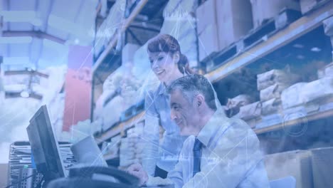 warehouse composition two persons working in a warehouse combined with animation of conne