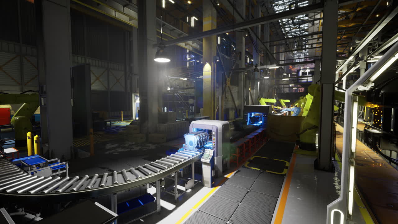 Industrial warehouse with conveyor belt system operating during evening hours