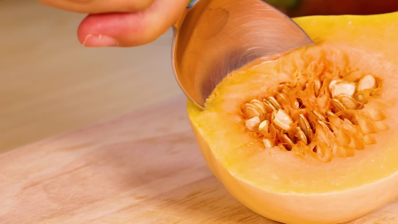 A detailed view of removing seeds from a butternut squash using a spoon on a wooden surface.