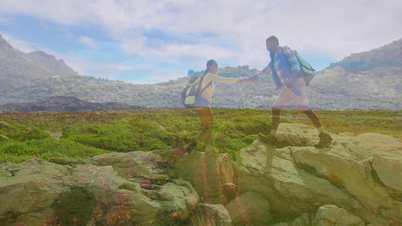hiking partners navigating rocky mountain trail, with animated health graph and compass icons