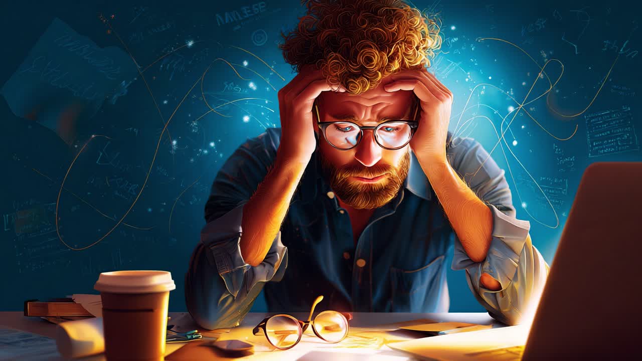 A Frustrated Scholar Struggles with Overwhelming Tasks and Stress, Grasping Ideas Amidst a Sea of Disorganized Thoughts and Digital Distractions in a Dimly Lit Workspace