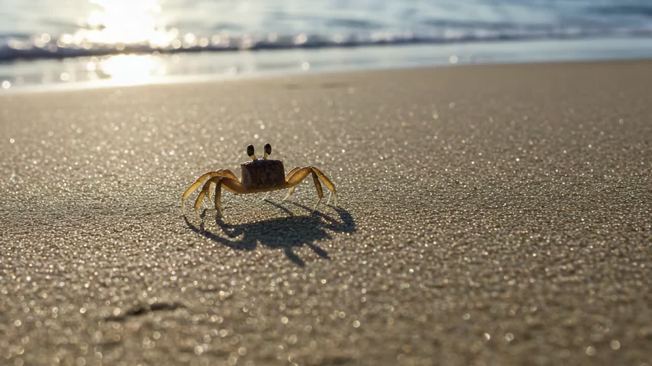 A Close-Up View of a Crab on the Beach as the Sun Shines Over Calm Waves, Capturing the Beauty of Nature in the Early Morning Light