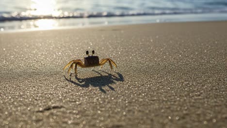 a close-up view of a crab on the beach as the sun shines over calm waves, capturing the beauty of nature in the early morning light