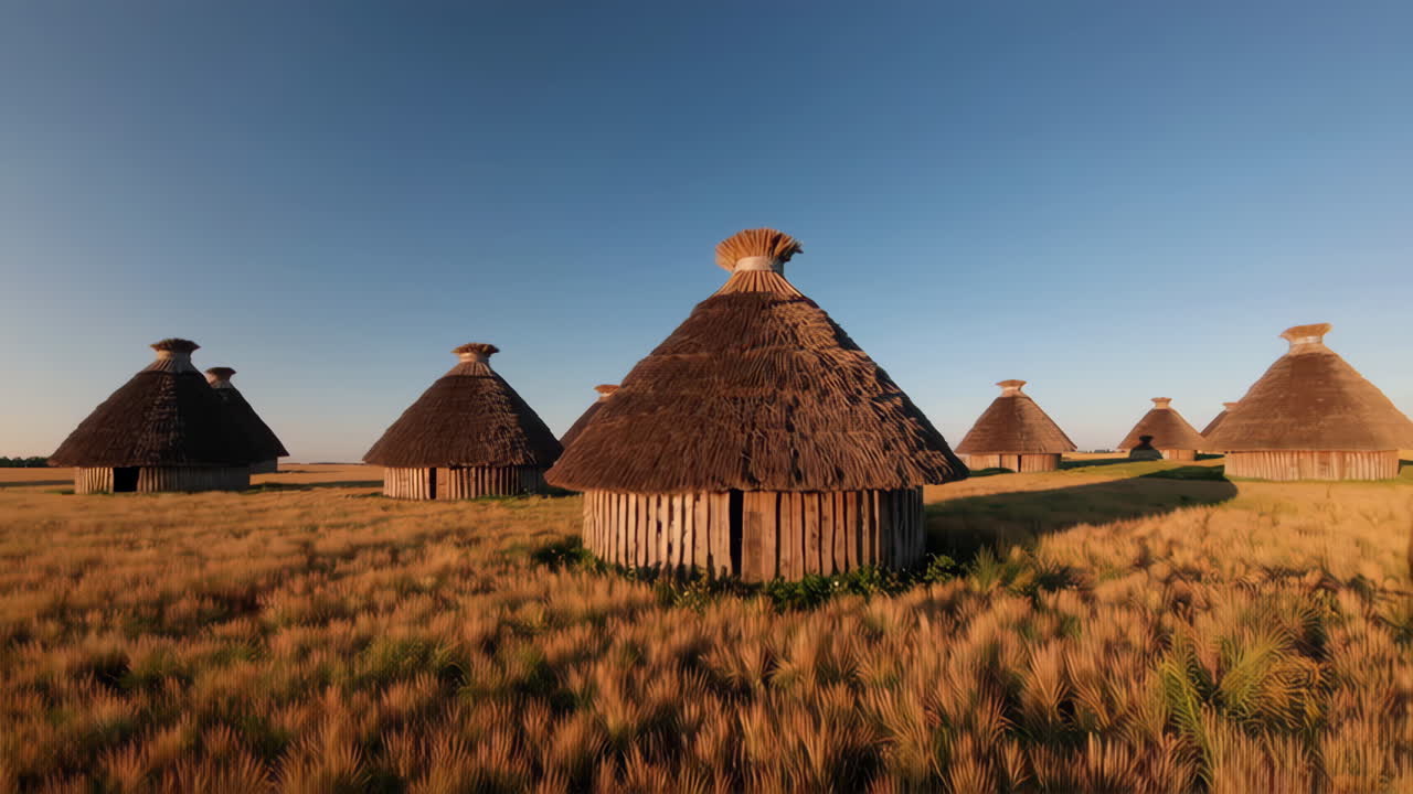 Ancient Straw Huts in a Wheat Field