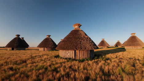 ancient straw huts in a wheat field