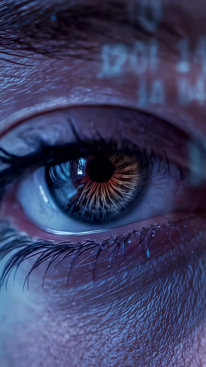 Vertical video: Reacting right eye showing iris detail, pupil shifting and blinking to data overlay